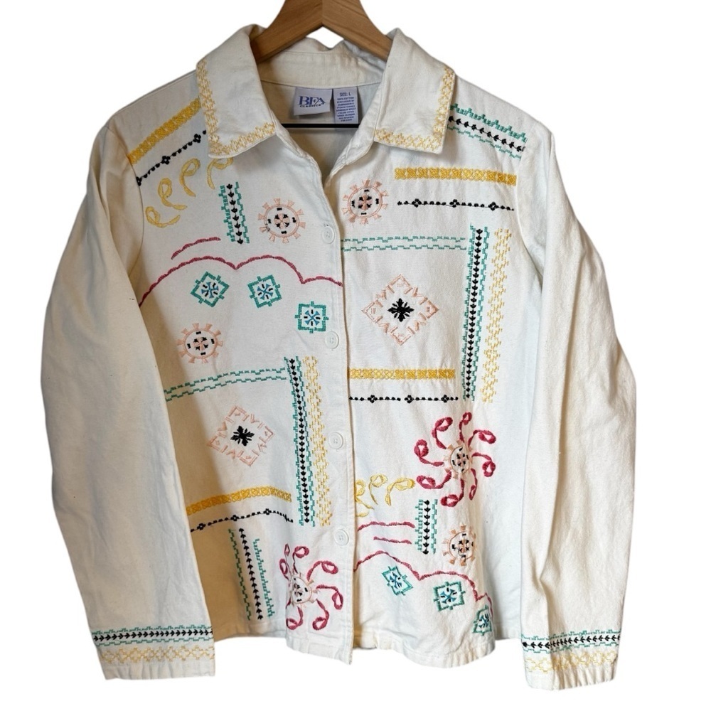 BFA Classics White Cottagecore Embroidered Denim Lightwt Button Up Jacket SZ L